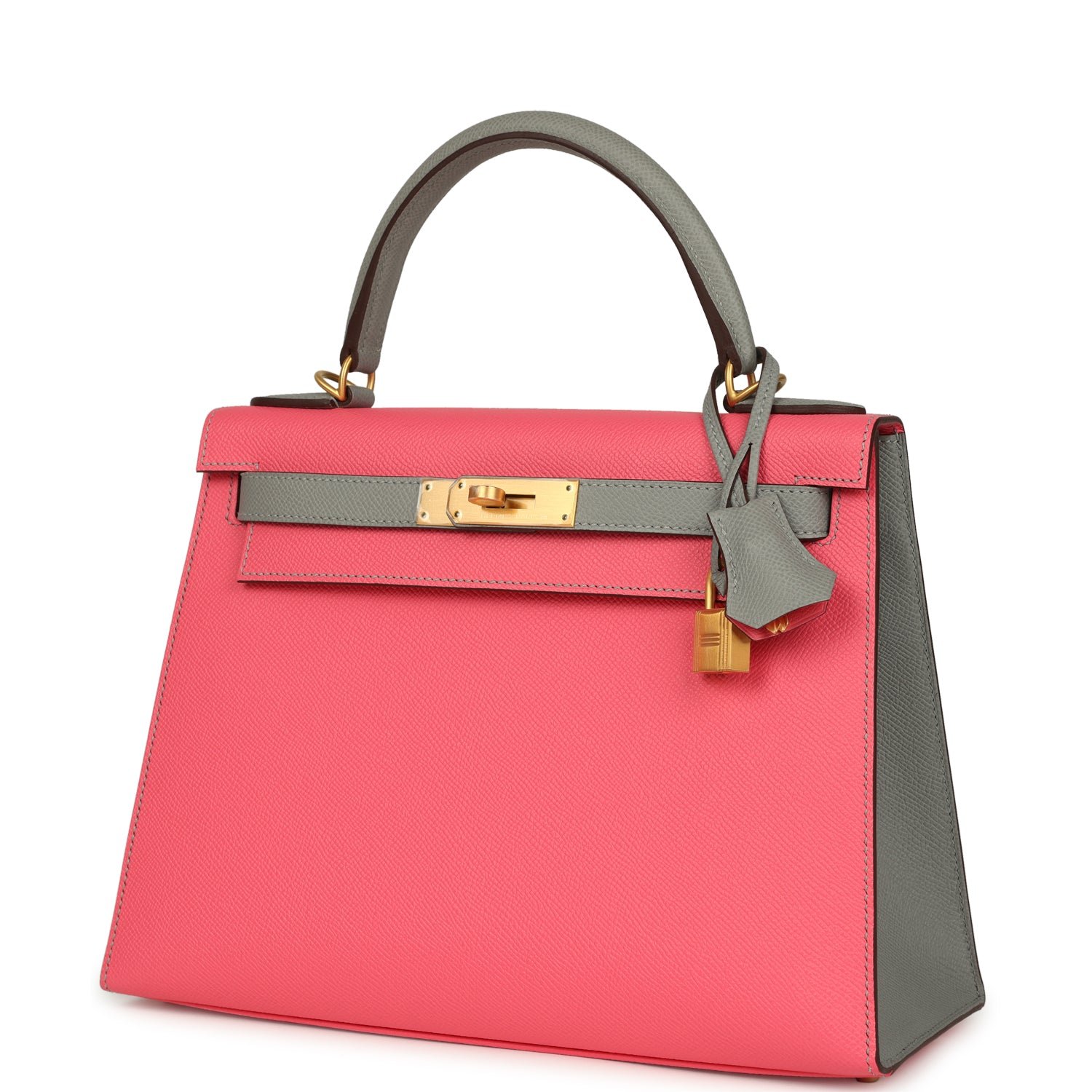 Hermes Special Order (HSS) Kelly Sellier 28 Rose Azalee, Gris Mouette Epsom Brushed Gold Hardware - view 5