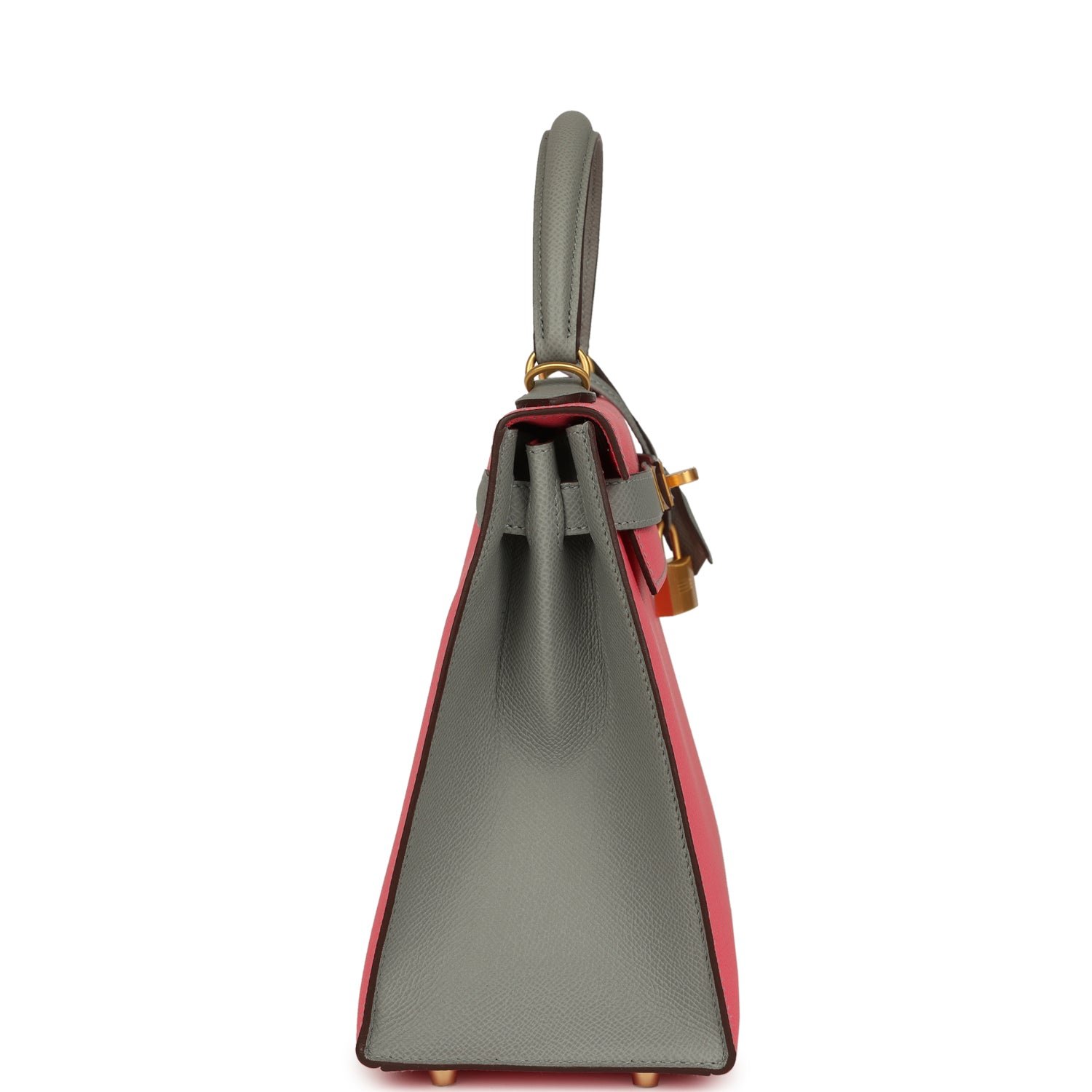 Hermes Special Order (HSS) Kelly Sellier 28 Rose Azalee, Gris Mouette Epsom Brushed Gold Hardware - view 3