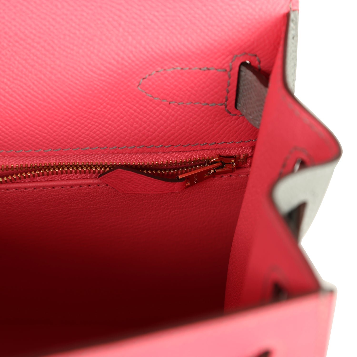 Hermes Special Order (HSS) Kelly Sellier 28 Rose Azalee, Gris Mouette Epsom Brushed Gold Hardware - view 9
