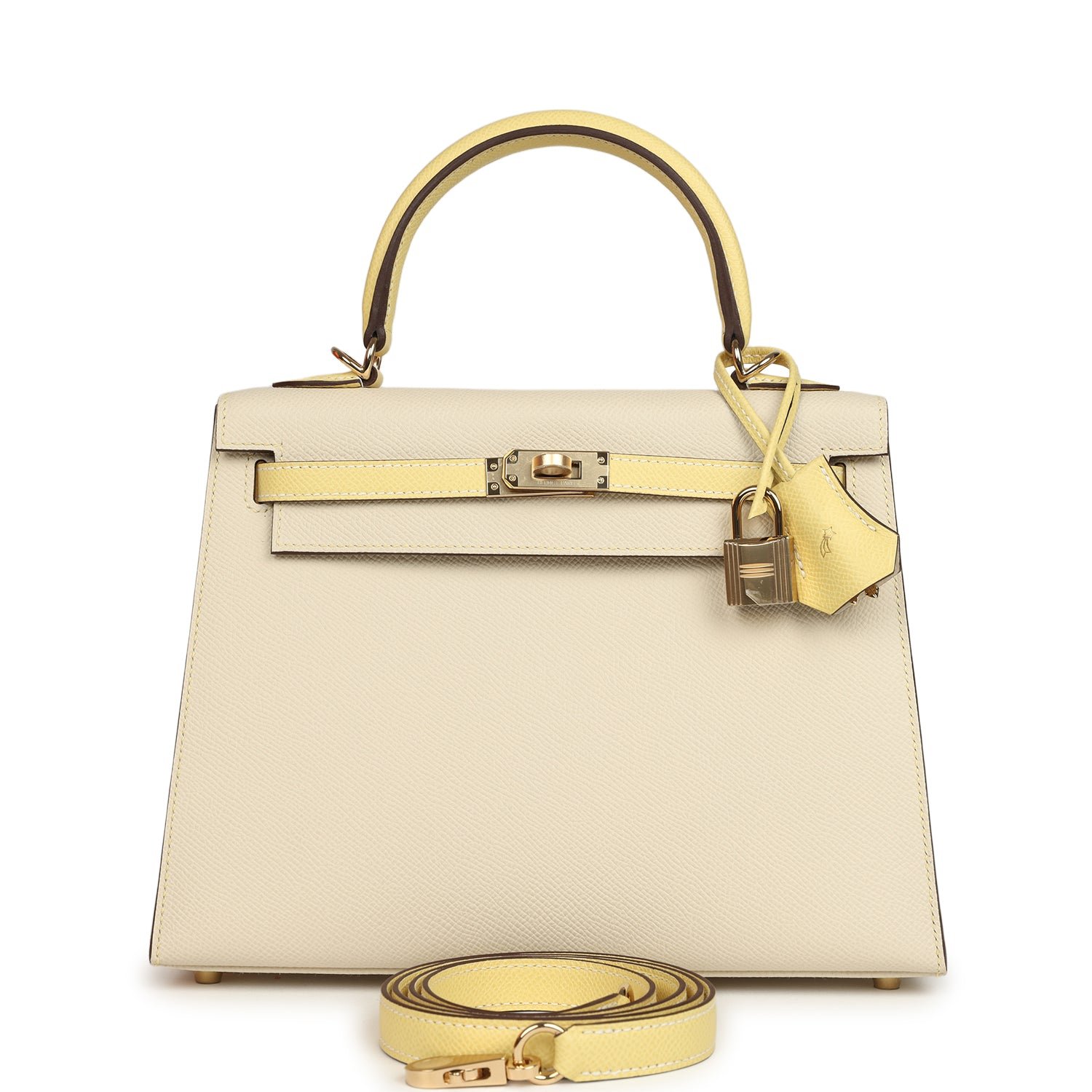 Hermes Special Order (HSS) Kelly Sellier 25 Craie, Jaune Poussin Epsom Gold Hardware