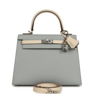 Hermes Special Order (HSS) Kelly Sellier 25 Bleu Glacier, Craie Epsom Palladium Hardware