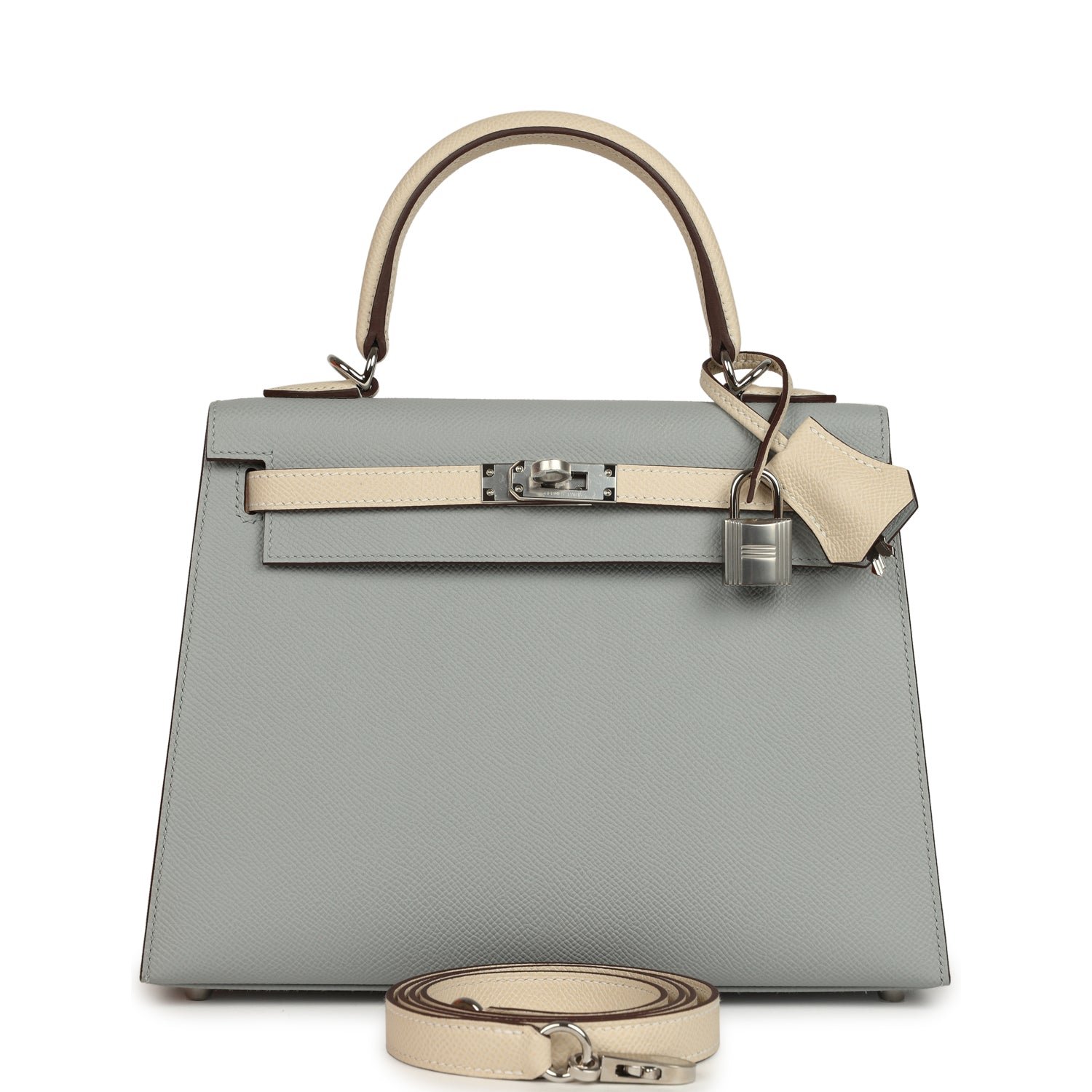 Hermes Special Order (HSS) Kelly Sellier 25 Bleu Glacier, Craie Epsom Palladium Hardware