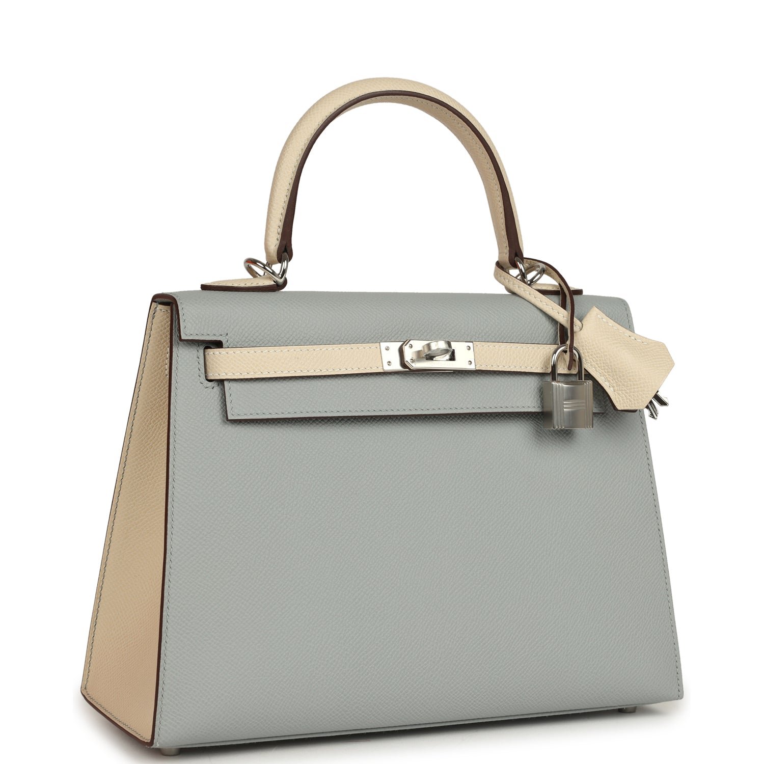 Hermes Special Order (HSS) Kelly Sellier 25 Bleu Glacier, Craie Epsom Palladium Hardware - view 2