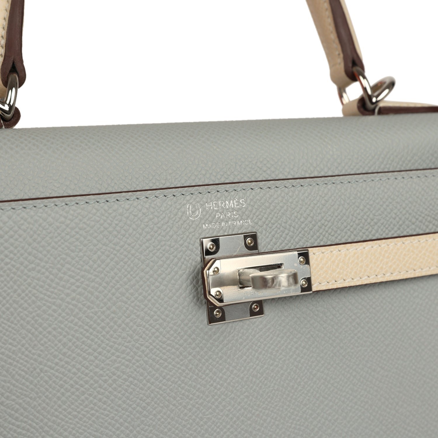 Hermes Special Order (HSS) Kelly Sellier 25 Bleu Glacier, Craie Epsom Palladium Hardware - view 7