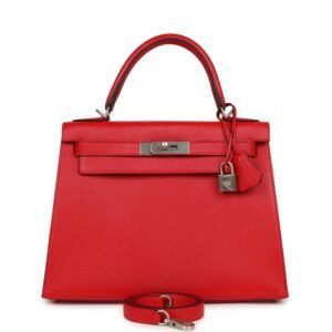 Hermes Special Order (HSS) Kelly Sellier 28 Rouge De Coeur Chevre Mysore Brushed Palladium Hardware