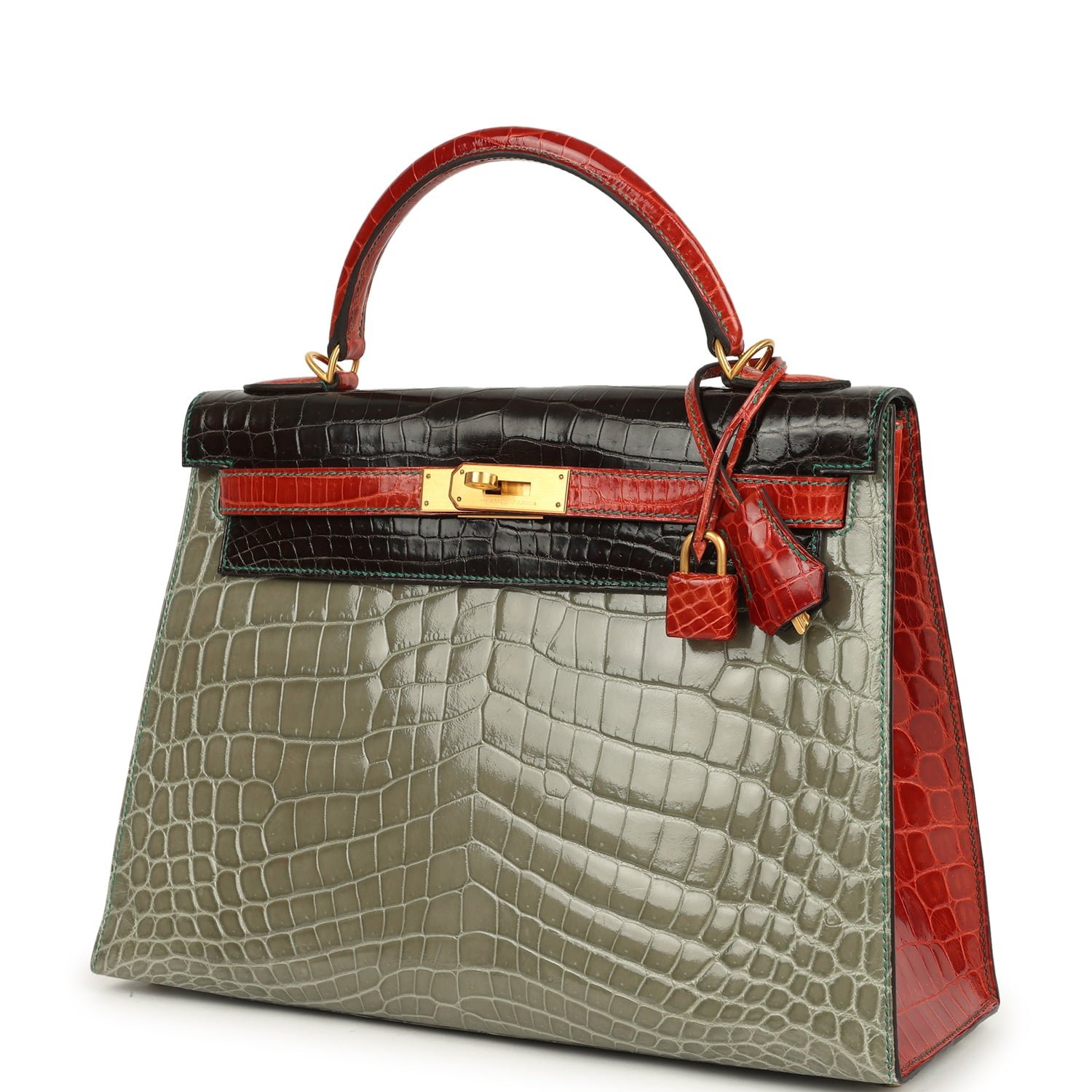 Pre-owned Hermes Special Order (HSS) Kelly Sellier 32 Graphite, Gris Tourterelle and Geranium Shiny Niloticus Crocodile Brushed Gold Hardware - view 5