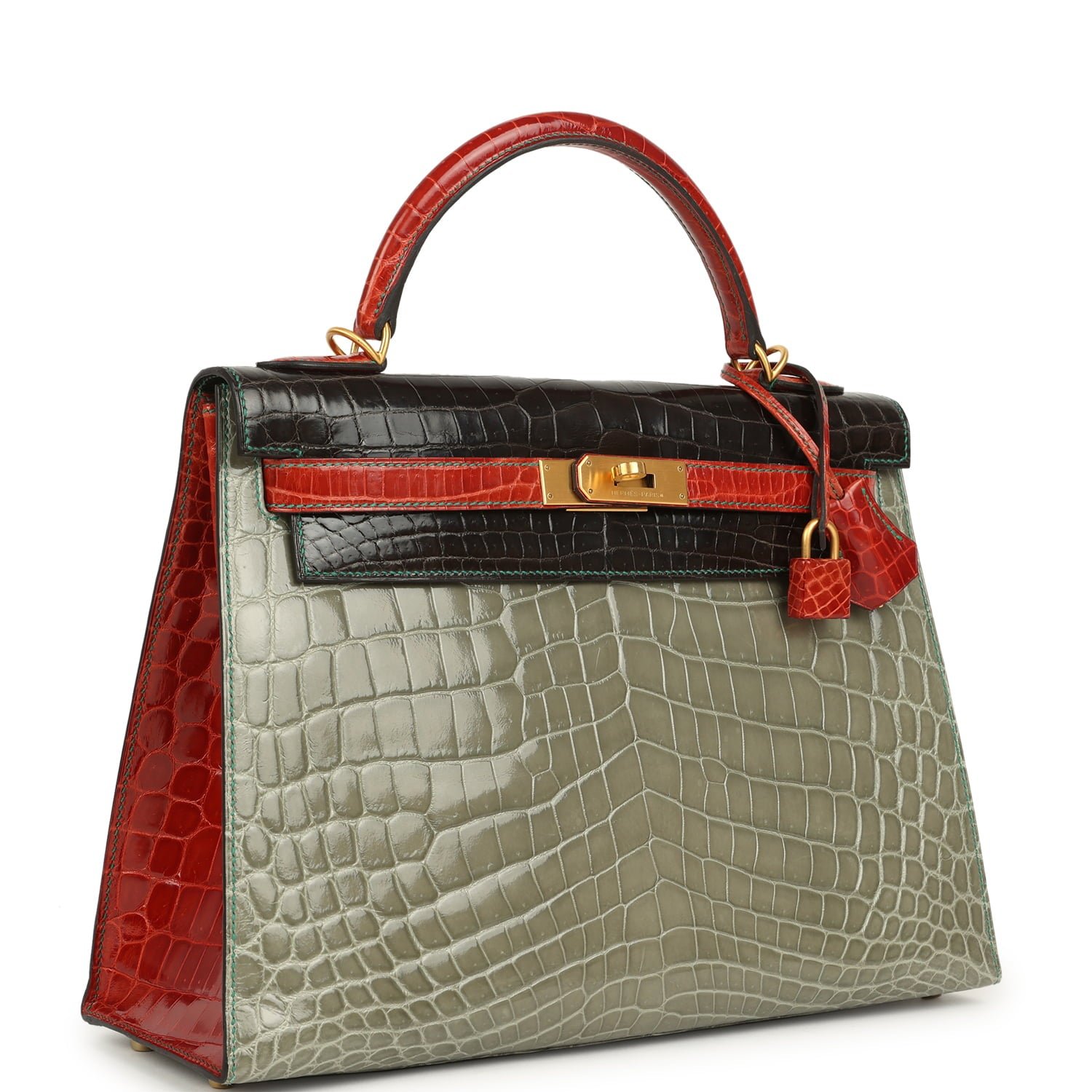 Pre-owned Hermes Special Order (HSS) Kelly Sellier 32 Graphite, Gris Tourterelle and Geranium Shiny Niloticus Crocodile Brushed Gold Hardware - view 2