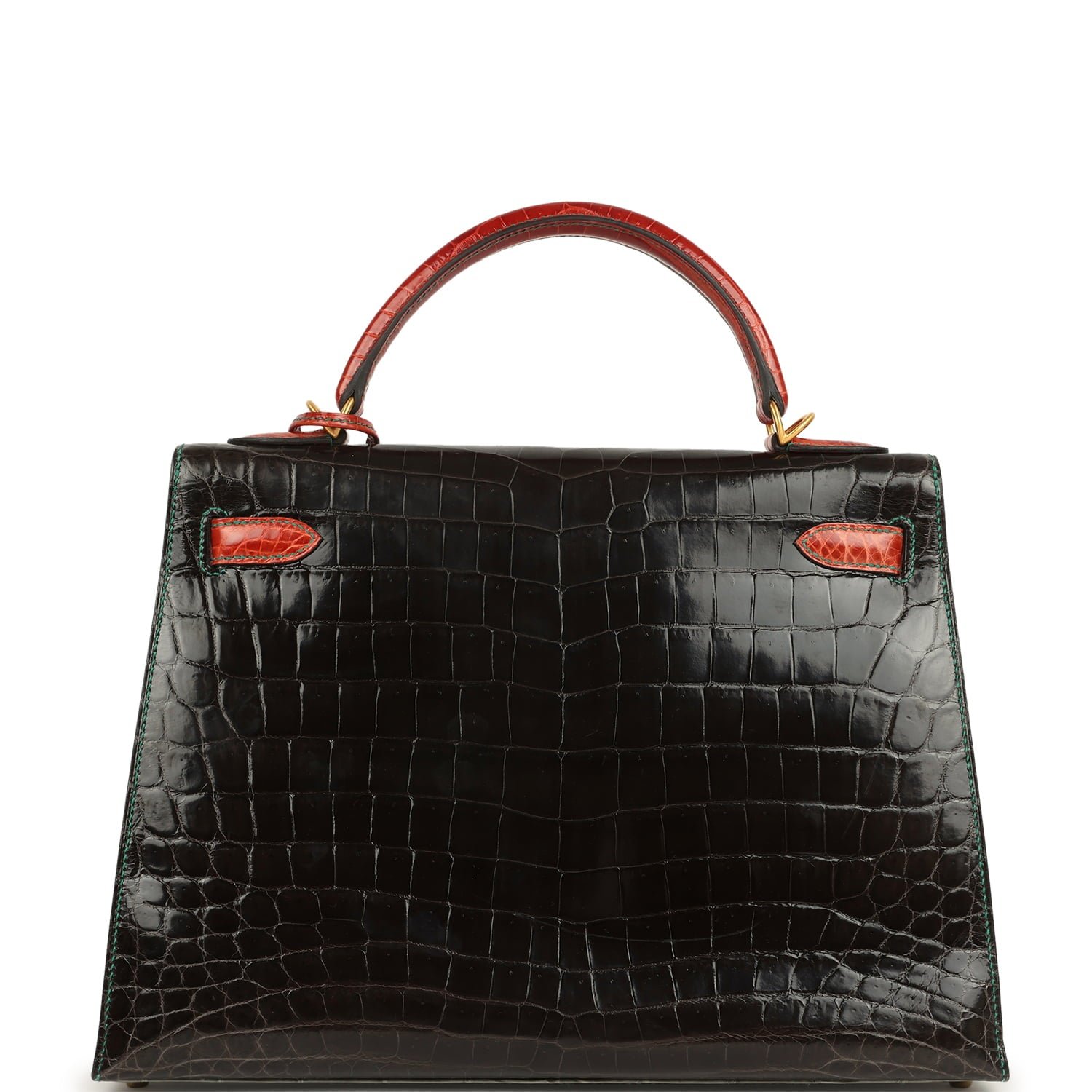 Pre-owned Hermes Special Order (HSS) Kelly Sellier 32 Graphite, Gris Tourterelle and Geranium Shiny Niloticus Crocodile Brushed Gold Hardware - view 4