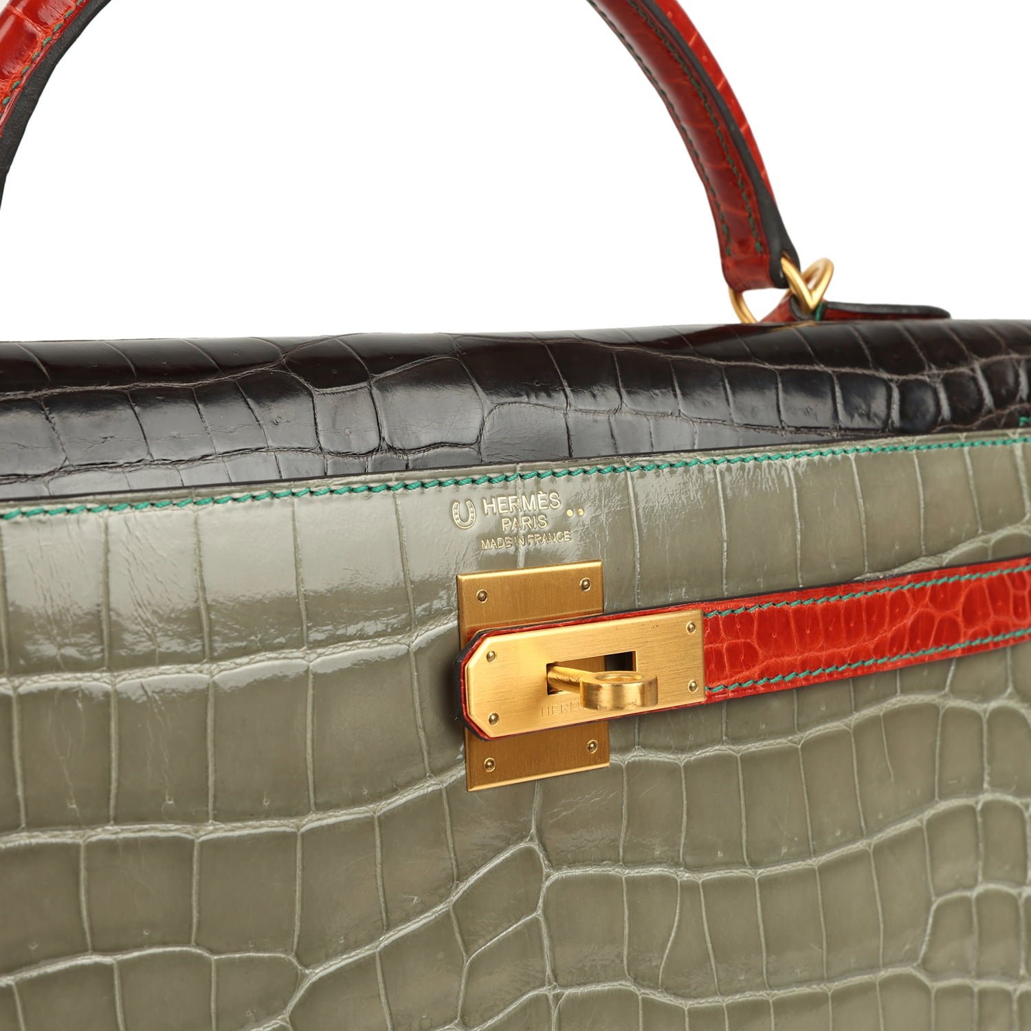 Pre-owned Hermes Special Order (HSS) Kelly Sellier 32 Graphite, Gris Tourterelle and Geranium Shiny Niloticus Crocodile Brushed Gold Hardware - view 7
