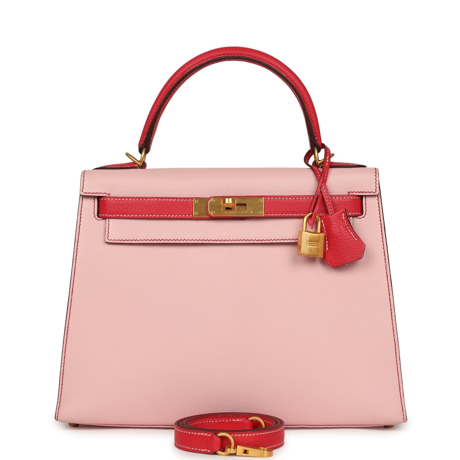 Pre-owned Hermes Special Order (HSS) Kelly Sellier 28 Rose Sakura, Rose Extreme Chevre Brushed Gold Hardware