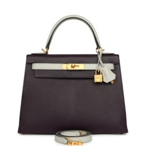 Pre-owned Hermes Special Order (HSS) Kelly Sellier 28 Raisin, Gris Perle Chevre Brushed Gold Hardware