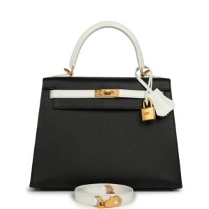 Hermes Special Order (HSS) Kelly Sellier 25 Black, White Epsom Brushed Gold Hardware