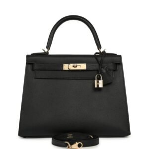 Pre-owned Hermes Special Order (HSS) Kelly Sellier 28 Black Chevre Mysore Permabrass Hardware