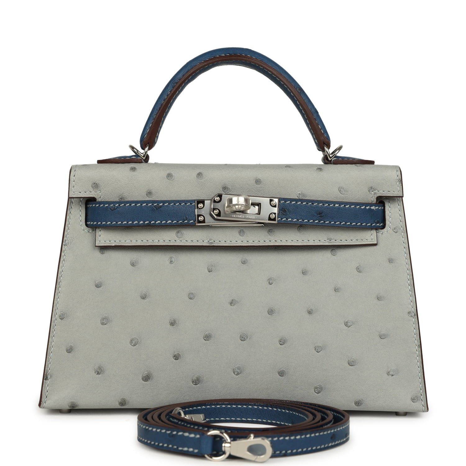 Hermes Special Order (HSS) Kelly Sellier 20 Bleu Glacier, Bleu Fonce Ostrich Palladium Hardware