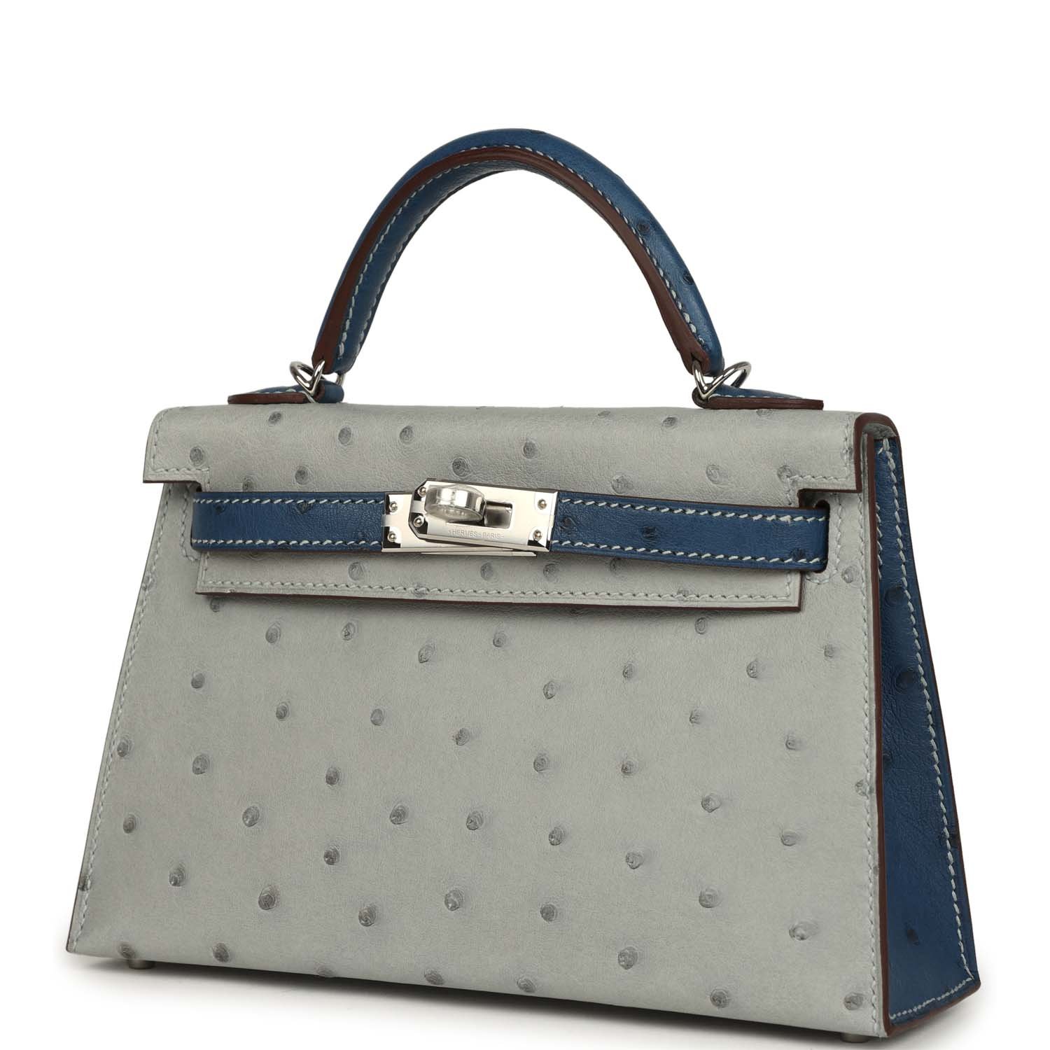 Hermes Special Order (HSS) Kelly Sellier 20 Bleu Glacier, Bleu Fonce Ostrich Palladium Hardware - view 5