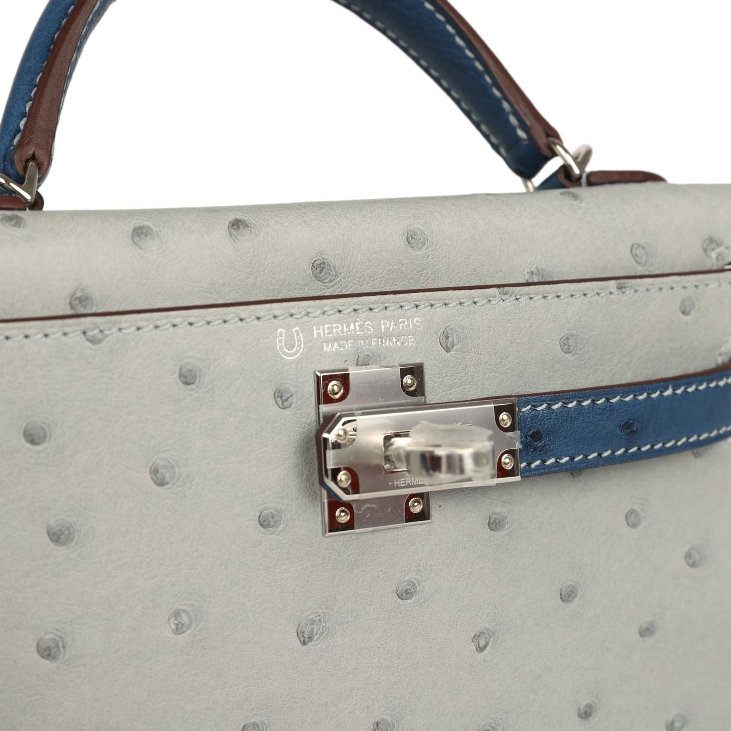 Hermes Special Order (HSS) Kelly Sellier 20 Bleu Glacier, Bleu Fonce Ostrich Palladium Hardware - view 7