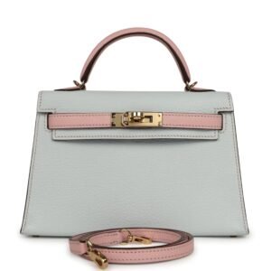Pre-owned Hermes Special Order (HSS) Kelly Sellier 20 Bleu Brume, Rose Sakura Chevre Permabrass Hardware