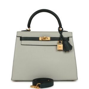 Pre-owned Hermes Special Order (HSS) Kelly Sellier 25 Gris Perle, Vert Titien Chevre Mysore Brushed Gold Hardware