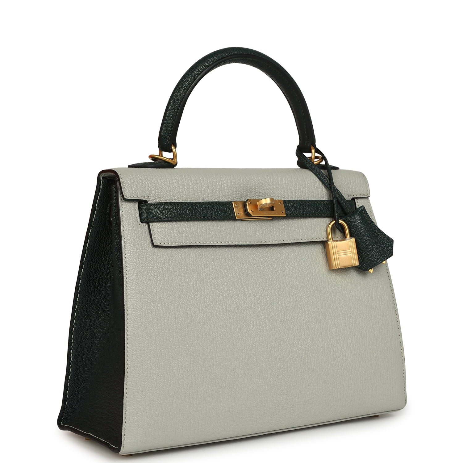 Pre-owned Hermes Special Order (HSS) Kelly Sellier 25 Gris Perle, Vert Titien Chevre Mysore Brushed Gold Hardware - view 2