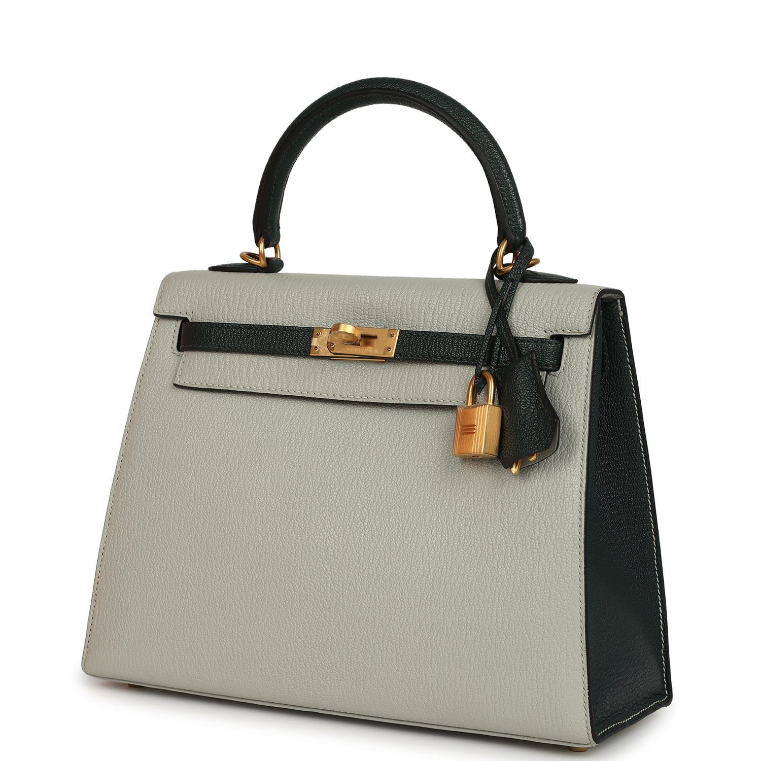 Pre-owned Hermes Special Order (HSS) Kelly Sellier 25 Gris Perle, Vert Titien Chevre Mysore Brushed Gold Hardware - view 5