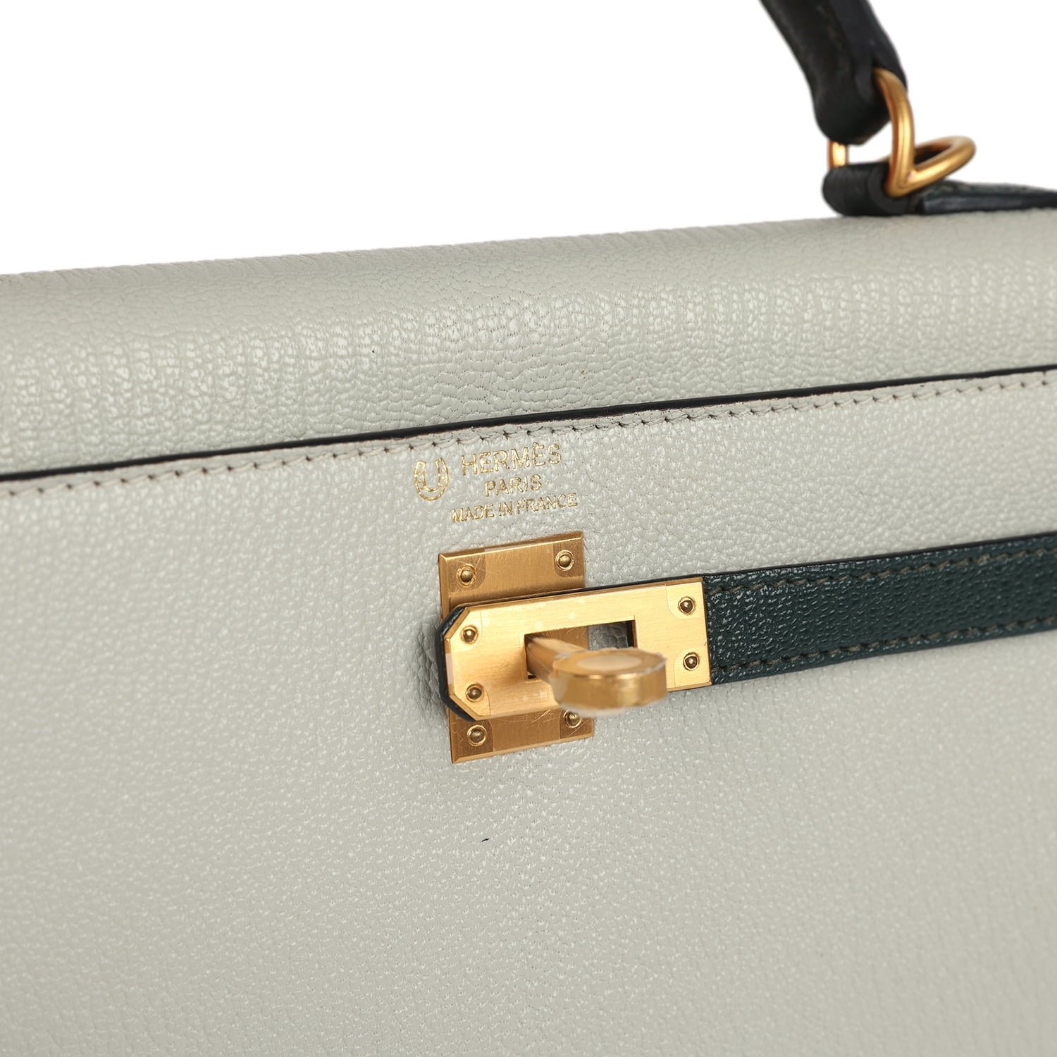 Pre-owned Hermes Special Order (HSS) Kelly Sellier 25 Gris Perle, Vert Titien Chevre Mysore Brushed Gold Hardware - view 7
