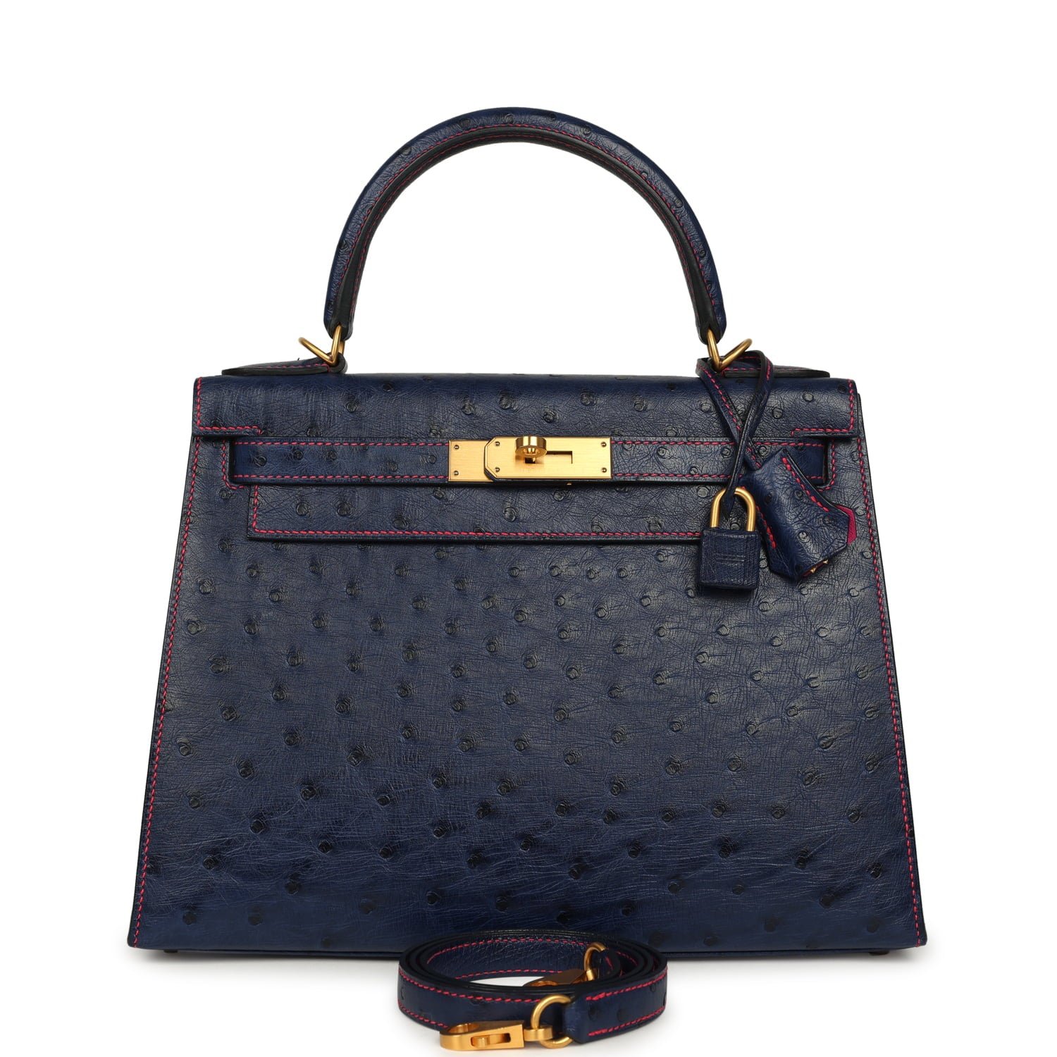 Pre-owned Hermes Special Order (HSS) Kelly Sellier 28 Bleu Iris Verso Ostrich Brushed Gold Hardware