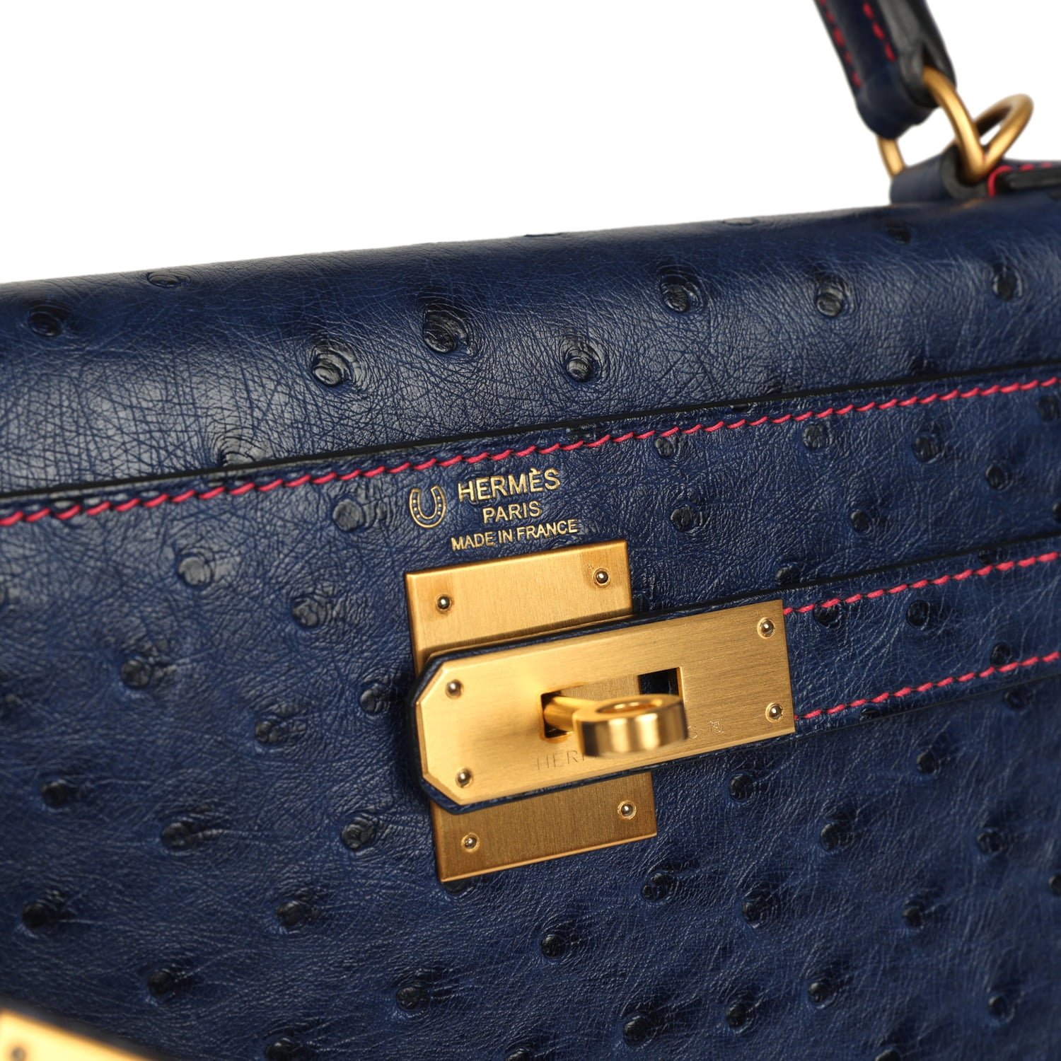 Pre-owned Hermes Special Order (HSS) Kelly Sellier 28 Bleu Iris Verso Ostrich Brushed Gold Hardware - view 7