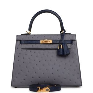 Hermes Special Order (HSS) Kelly Sellier 25 Gris Agate, Bleu Iris Ostrich Brushed Gold Hardware