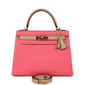 Hermes Special Order (HSS) Kelly Sellier 28 Rose Azalee, Trench Epsom Permabrass Hardware