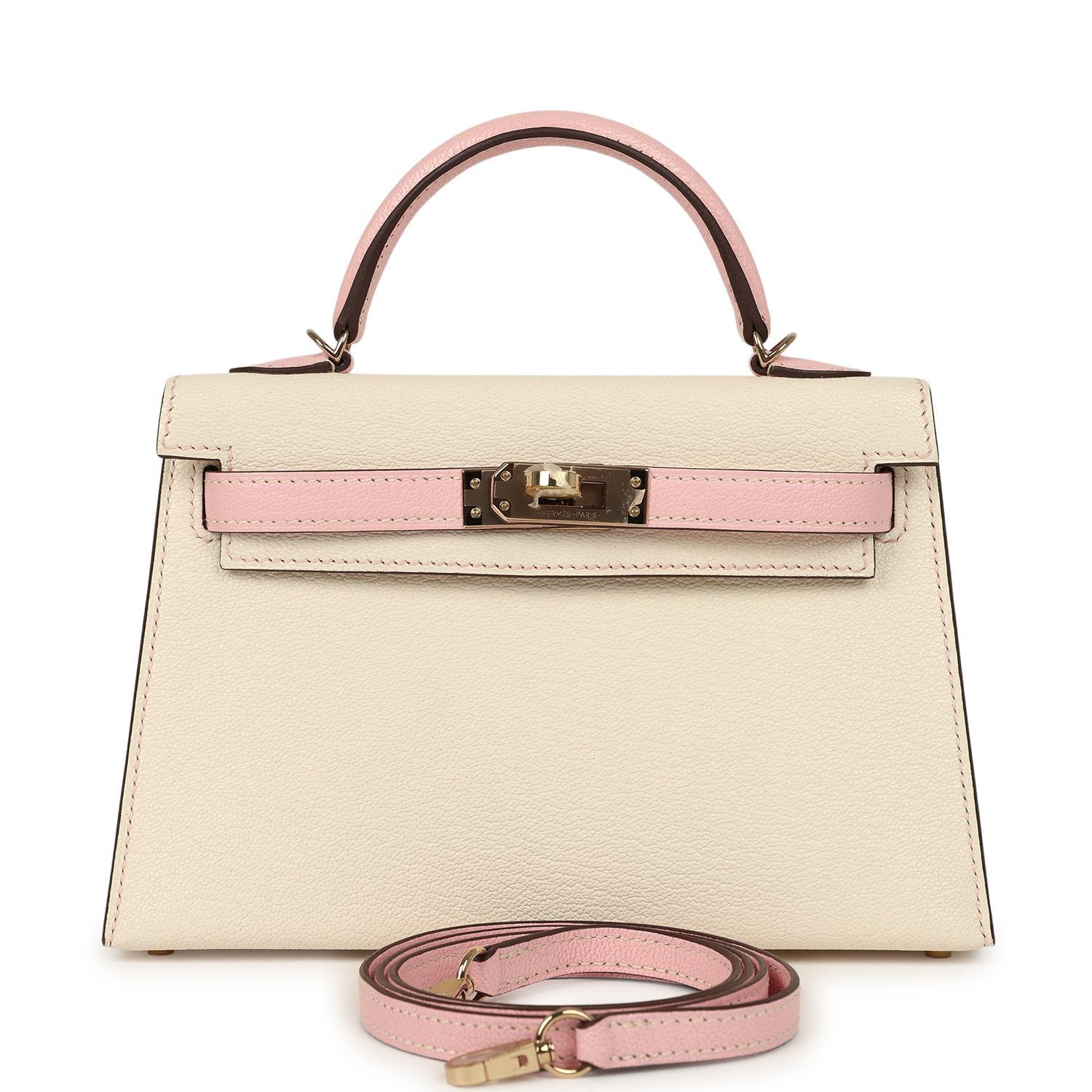 Hermes Special Order (HSS) Kelly Sellier 20 Craie, Rose Sakura Chevre Mysore Permabrass Hardware